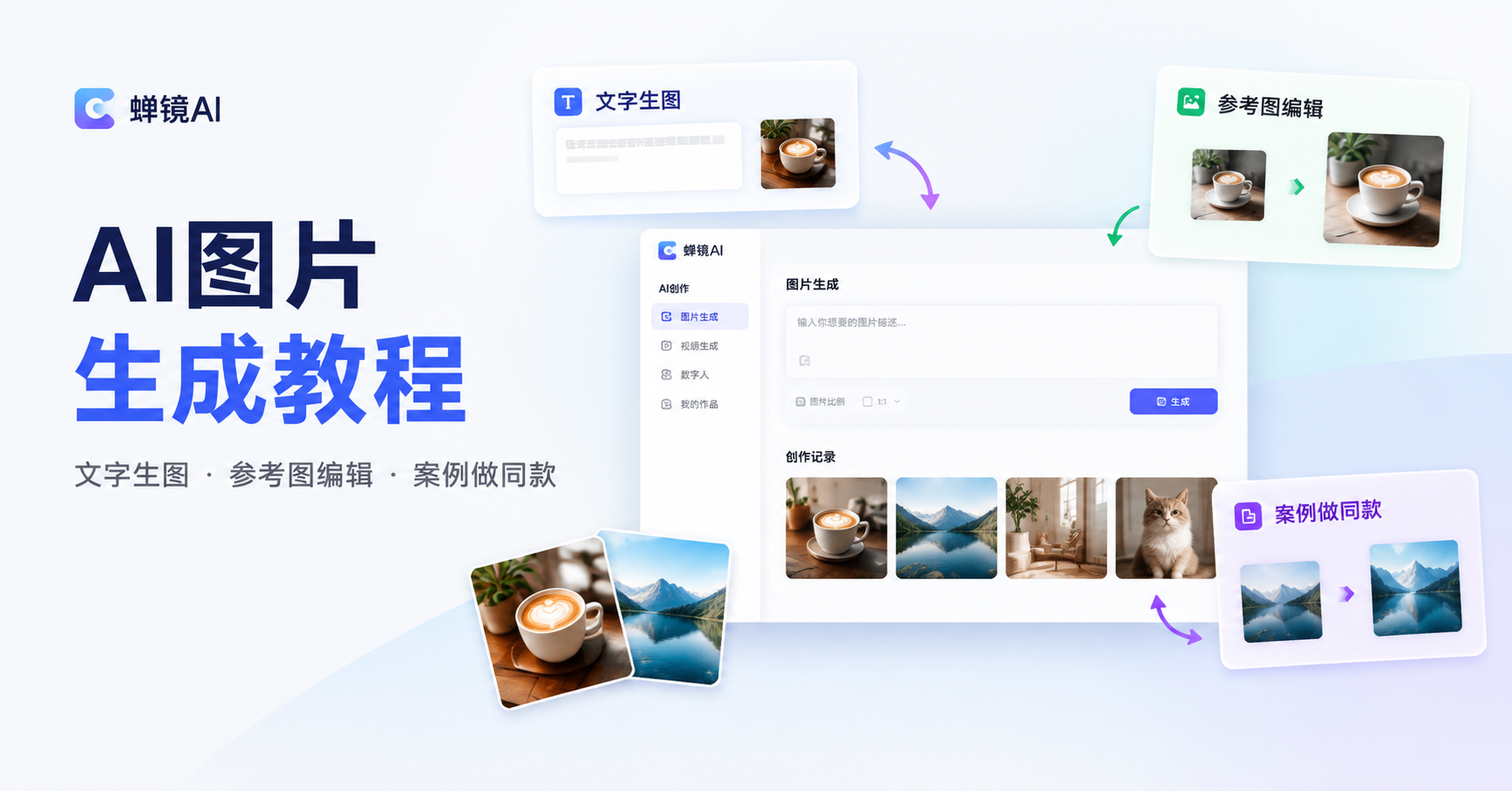 蝉镜AI图片生成教程封面，展示文字生图、参考图编辑与案例做同款三种创作路径